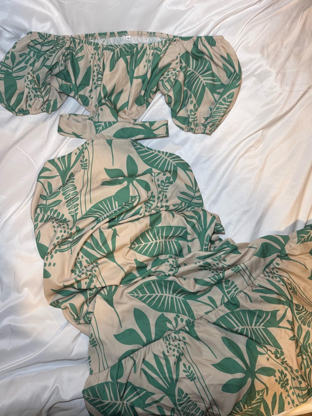 SHEIN Cream One-Shoulder Maxi Dress with Green Leaf Print